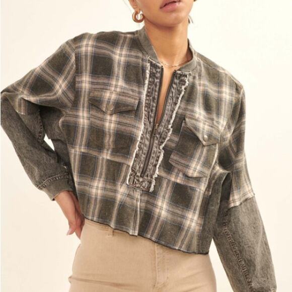 NWT Promesa Rustic Soul Denim and Plaid Half-Zip Top Black Sz XL Boho Western - Picture 13 of 14